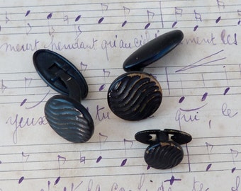 Vintage Antique 1900/1920 old French black metal round  cuff links / set of 3 ( 1 smaller for collar)