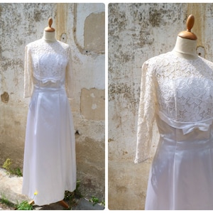 Vintage 1960/60s off white sateen & guipure lace bridal dress / wedding size S