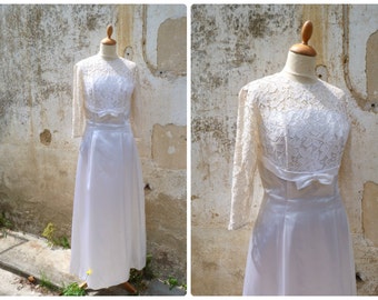 Vintage 1960/60s off white sateen & guipure lace bridal dress / wedding size S