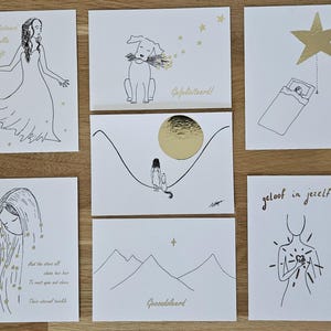 7 wenskaarten, een van elk ontwerp. Met enveloppen | Goud origineel ontwerp op kaartje, A6, verjaardagskaart, meiden, maan sterren, hond