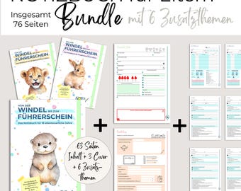 Könnte beinhalten: Ein Bundle mit 63 Seiten druckbaren Eltern-Tagebüchern mit 3 Covern und 6 zusätzlichen Themen. Die Tagebücher sind mit "Von der Windel bis zum Führerschein" betitelt, was "Von der Windel bis zum Führerschein" bedeutet. Die Tagebücher sind mit einem Löwenjungen, einem Kaninchen und einem Otter illustriert.