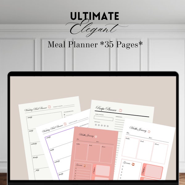 ULTIMATE Elegant Weekly- Meal Planner, Printable PDF, Digital Template, Customisable, Food Prep, Diet tracker, Recipe Decider, illustrations