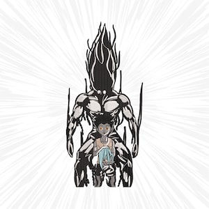 May include: Black and white illustration of a character from the anime Hunter x Hunter. The character is a large, shadowy figure with a smaller character standing in front of it. The smaller character is wearing a light blue shirt and has orange eyes.