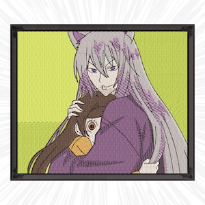 May include: An embroidered patch featuring a purple-haired character with cat ears holding a brown-haired character with a single large eye. The background is a light yellow.