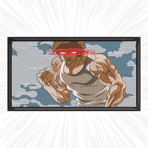 May include: Embroidered patch featuring a muscular figure in a white tank top, with red glowing eyes. The background has a blue and white sky design. The patch is rectangular with a black border.