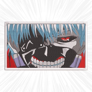 May include: A close-up of an anime character's face with blue hair and a black mask. One eye is red and the other is covered by the mask. The character has sharp teeth and a menacing expression.