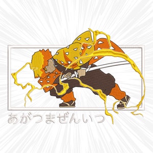 Może przedstawiać: Żółta i pomarańczowa postać anime z mieczem i błyskawicami. Postać jest w pozie walki. Tekst "あかつきせんいつ" znajduje się pod postacią.