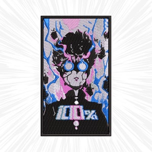 May include: Embroidered patch featuring a black and white illustration of a character with blue and pink lightning bolts. The character has black hair, blue eyes, and is wearing a black uniform with the text "100%" in pink and blue.