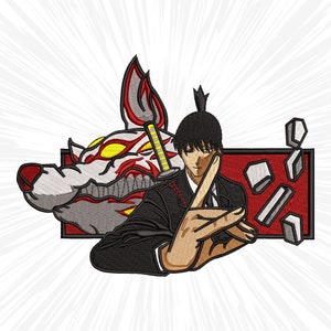 May include: Embroidered design featuring a character in a black suit with a sword, a stylized wolf head, and geometric shapes on a white background. The character is in a hand gesture. The wolf head has red and yellow accents.