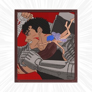 May include: A black and white embroidered patch featuring a character with a sword and a fairy with blue wings. The background is red.