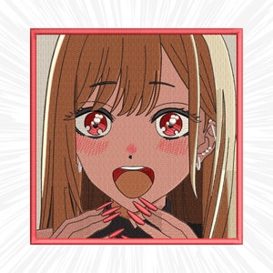 May include: A close-up of an anime-style illustration of a woman with long brown hair, red eyes, and pink cheeks. She is wearing a black shirt and has her hands in front of her face with long red nails.