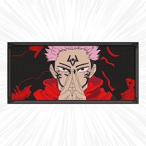 May include: A pink-haired character with red eyes and a black and red outfit. The character has a symbol on their forehead and is holding their hands together in front of their face.