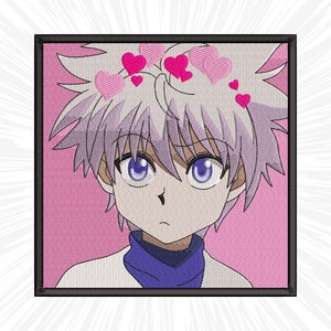 May include: A pink and white anime character with purple hair and blue eyes. The character is surrounded by pink hearts.