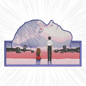 May include: An embroidered patch featuring a giant, sleeping woman's face with two figures standing in front of her. The woman's face is blue and purple, and the figures are black and white. The background is a red and white landscape.