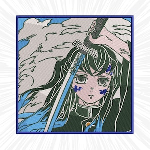 May include: A blue and white embroidered patch featuring a character from the anime Demon Slayer. The character has long black hair, blue eyes, and is holding a sword. The background is a light blue sky with white clouds.