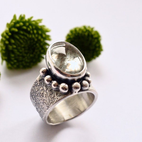 Mossy Aquamarine Ring Handmade in Silver, Heavily Textured Gemstone Ring, Chunky Silver Ring, Modern Style Ring, Artisan Made Boho Ring