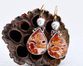 Ocean Jasper and Keshi Pearl Earrings Handmade in Silver and 18k Gold, Statement Earrings, Mixed Metal Earrings