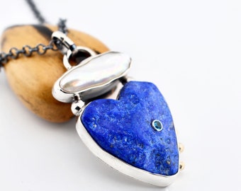 Lapis Lazuli Heart Pendant with Pearl and Gold Detail, Whimsical Style Talisman Pendant, Raw Stone Pendant, One of a Kind