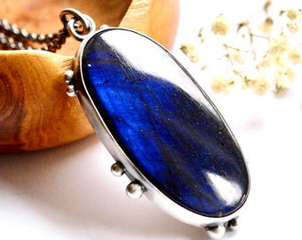 Labradorite Necklace Handmade in Silver, Modern Rustic Metalwork