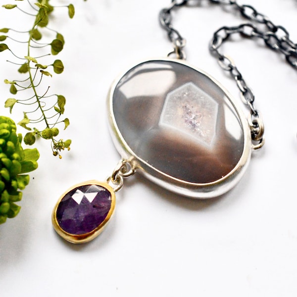 Botswana Agate and Purple Ruby Necklace in Silver and Gold