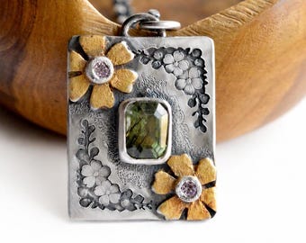 Forest Light- Ludwigite Floral Style Mixed Metal Necklace Handcrafted by Metalsmith