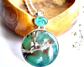 Earthbound - Aquaprase Silver Statement Necklace, Kyanite Jewelry, Cabochon Bezel Work