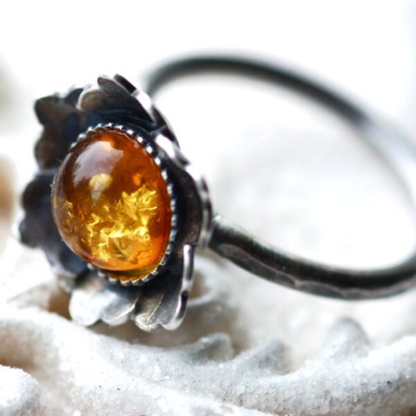 Rustic Handmade Flower Ring in Oxidized Sterling Silver Botanical Metalwork in Amber