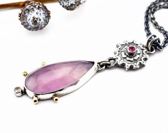 Purple Chalcedony Pendant with Hand Cast Ornate Connector, Unique Silver Metalwork with Gold Details, Modern Design