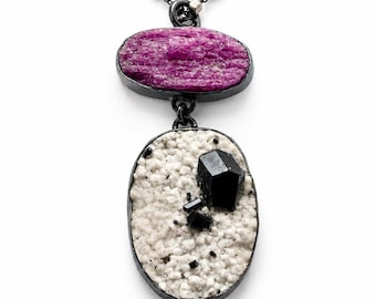 Raw Ruby with Black Tourmaline All Natural Stone Necklace Handcrafted by Silvermith