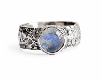 Weathered Silver Ring, Sand Cast, Moonstone Bezel Work, One of a Kind, Rustic Style