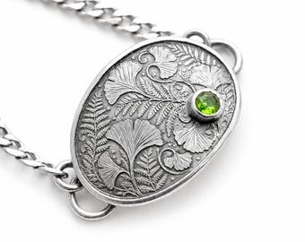 Ginkgo-Garten-Armband, geätztes Silber, Edelsteinschmuck, Unikat