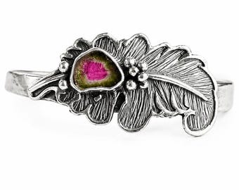 Armreif mit Wassermelonen-Turmalin, handgraviertes Silber, Edelsteinarmband, Unikat
