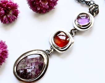 Zoisite Ruby, Garnet and Amethyst Cascade Style Necklace,  Handmade in Recycled Silver, Modern Metalwork, Cabochon Bezel Work