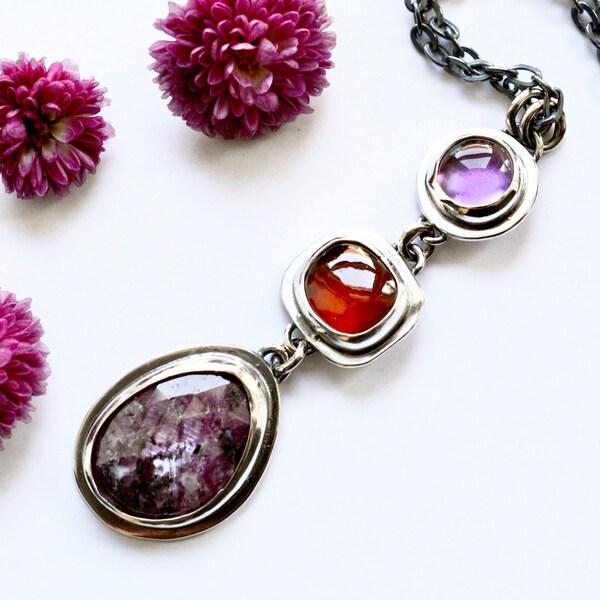 Zoisite Ruby, Garnet and Amethyst Cascade Style Necklace,  Handmade in Recycled Silver, Modern Metalwork, Cabochon Bezel Work