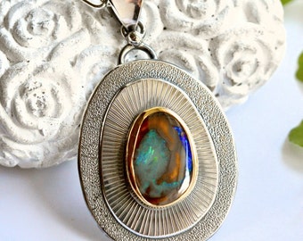 Boulder Opal Necklace in 22k Gold Bezel Work and Sterling Silver, Heavily Textured Silver Gemstone Mixed Metal Pendant