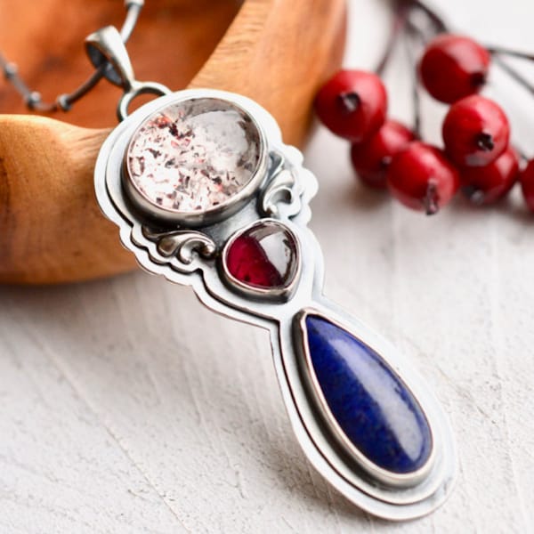 RESERVED------ON SALE 30 Dollars Off -Silver Necklace, Strawberry Quartz Necklace, Lapis Lazuli Pendant, Rhodolite Garnet