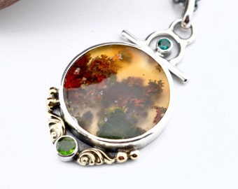 Moss Agate Silver Pendant with Raised Gold Details, Eye Catching Stone Pendant in Silver, Nature Inspired Jewelry, Natural Stone