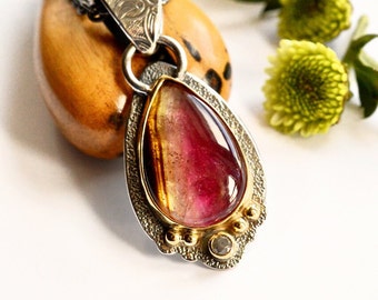 Bicolor Tourmaline Pendant with Diamond and 18k Gold Bezel, Mixed Metal Gemstone Jewelry, Gold and Silver Gemstone Pendant, One of a Kind