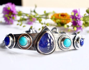 Tanzanite and Turquoise Hefty Silver Bracelet, Handmade Chunky Bezel Work, Modern Rustic Design, Solid 925 Silver