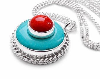 Türkiskette, Korallenkette, Unikat, Stein-auf-Stein-Metallarbeit, Zargenfassung