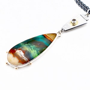 Opalized Wood Collector Grade Pendant Necklace, Engraved Silver, Handmade by Artisan, One of a Kind Metalwork