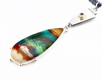 Opalized Wood Collector Grade Pendant Necklace, Engraved Silver, Handmade by Artisan, One of a Kind Metalwork