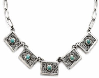 Türkisfarbene Fliesenkette, strukturiertes Silber, moderner rustikaler Stil, oxidierter Silberschmuck