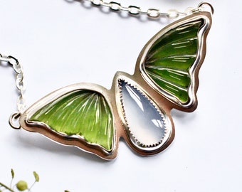 Serpentine Butterfly Necklace with Blue Chalcedony in Sterling Silver