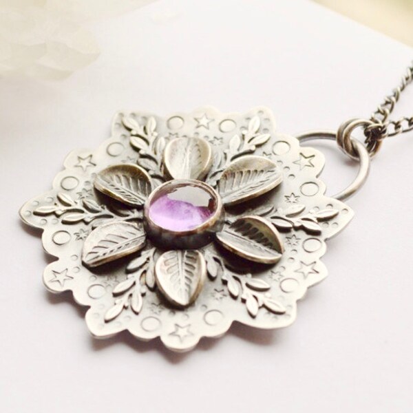 Botanical Silver Amethyst Pendant Necklace with Detailed Textured Silver, Flower Pendant, Oxidized Finish, Bohemian Style, Boho