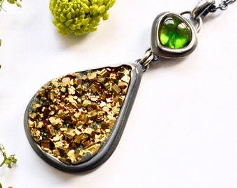 Pyrite Druzy and Green Tourmaline Cascade Style Necklace Handmade in Oxidized Silver