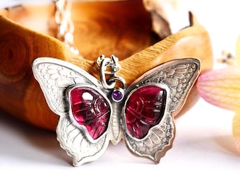 Carved Tourmaline Butterfly Necklace Handmade in Etched Silver