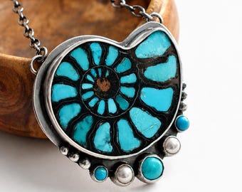 Turquoise Ammonite Necklace in Silver, Statement Jewelry, Bezel Work