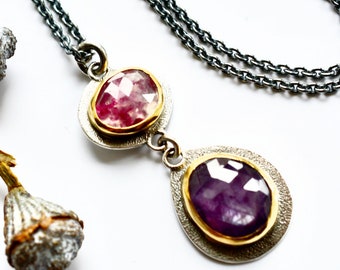 Pink and Purple Ruby Necklace Handmade in Silver and Gold