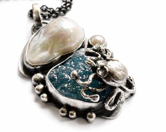 Raw Aquamarine Necklace, Octopus Pendant, Ocean Inspired, Natural Stone
